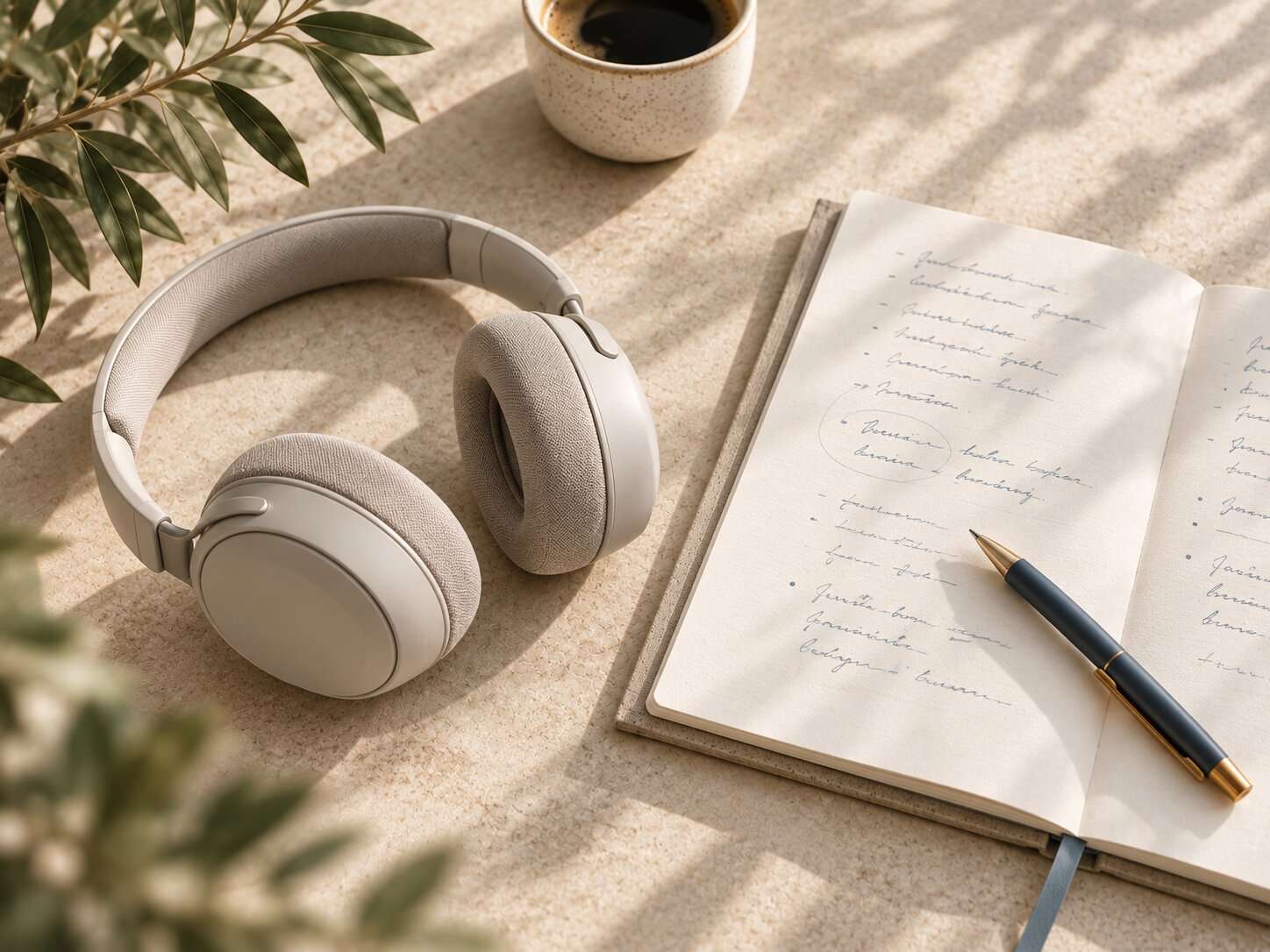 Headphones and notes on desk