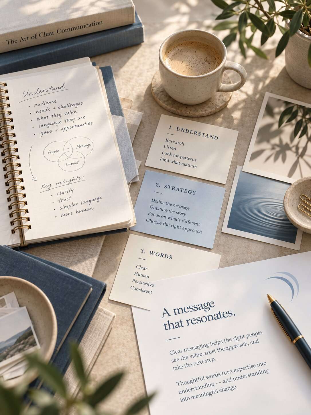Work station with cards laying out understand-strategy-words approach